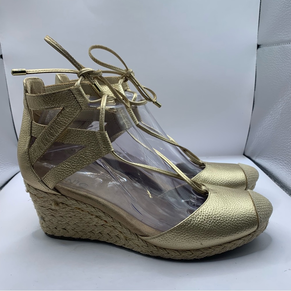 Vionic Calypso Womens  8 Espadrille Wedge Pewter Leather Lace Up Sandals Gold